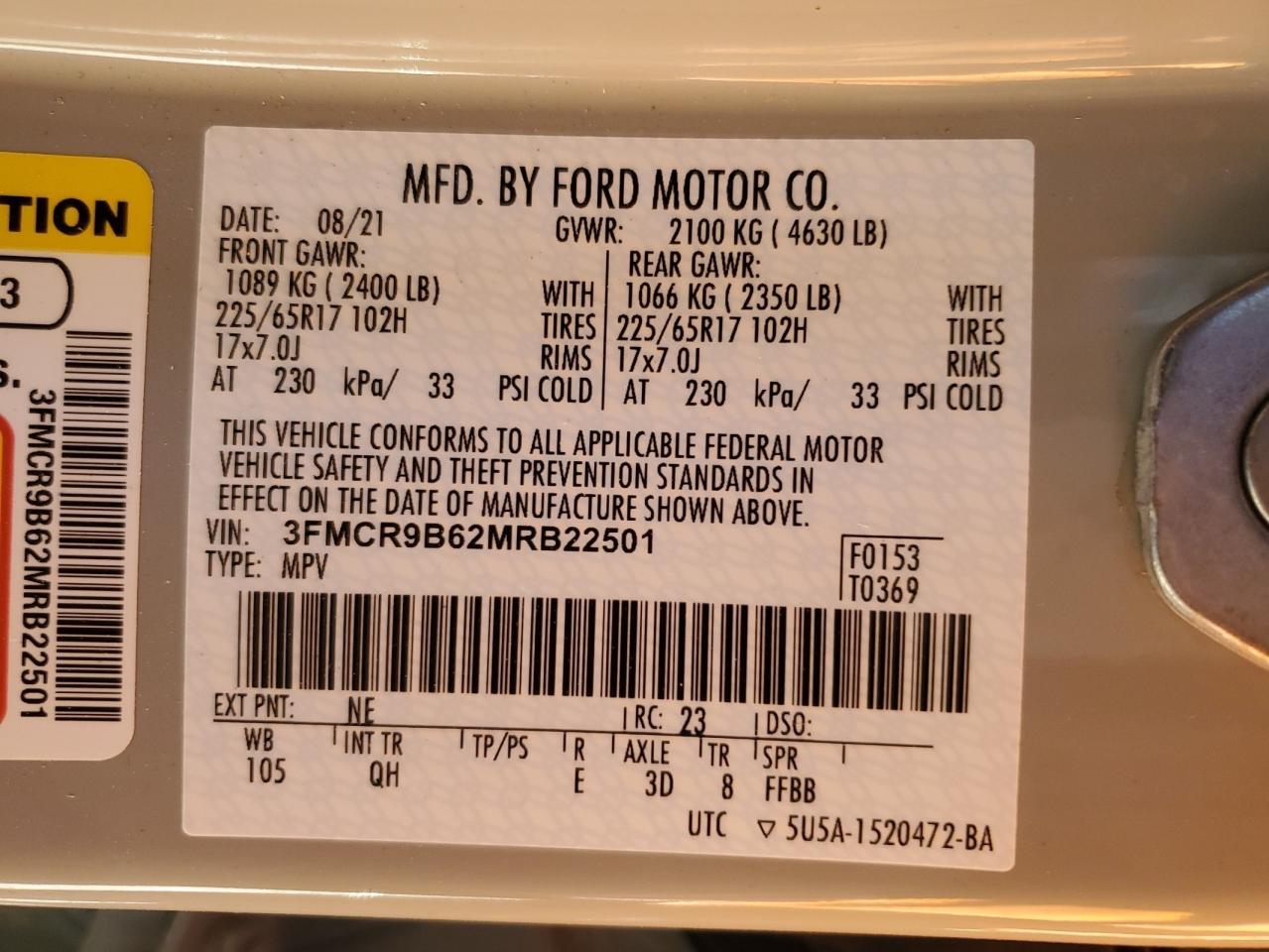 2021 Ford Bronco VIN 3FMCR9B62MRB22501 Copart auction photo, front end damage thumbnail 16