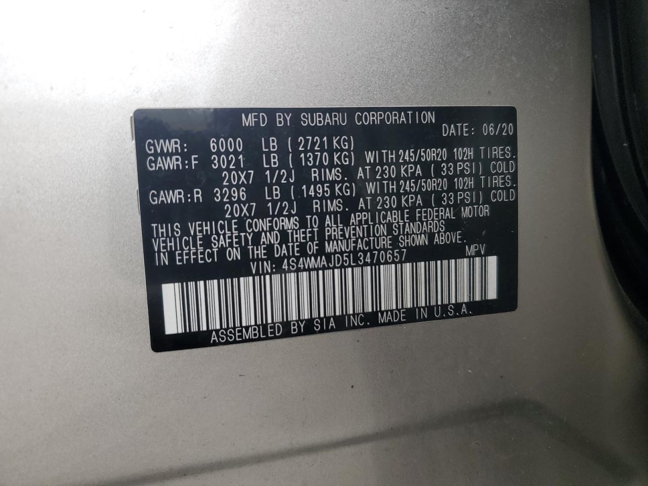 2020 Subaru Ascent VIN 4S4WMAJD5L3470657 Copart auction photo, front end damage thumbnail 15