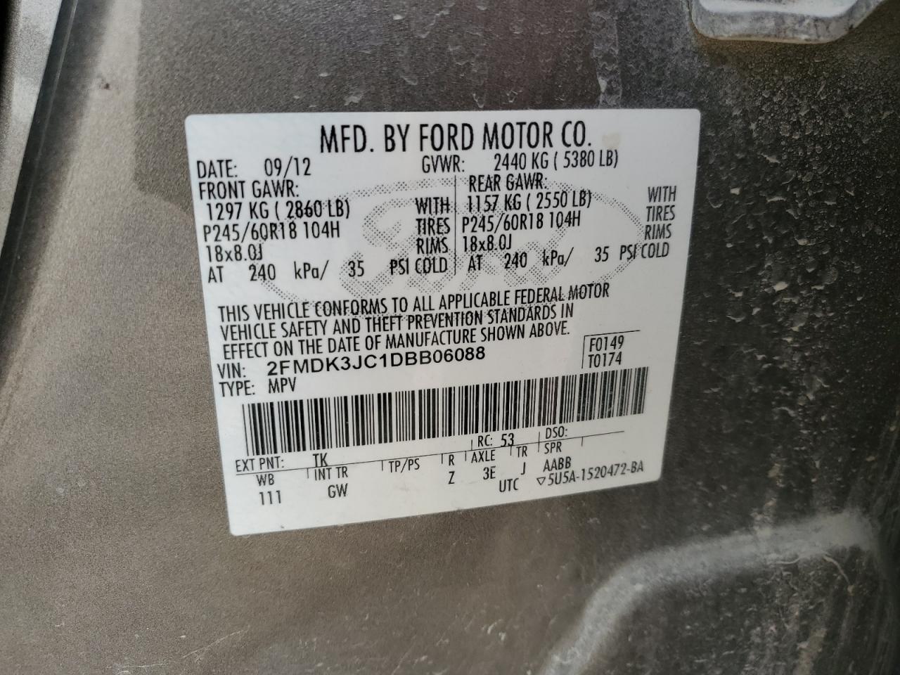 2013 Ford Edge VIN 2FMDK3JC1DBB06088 Copart auction photo, front end damage thumbnail 13