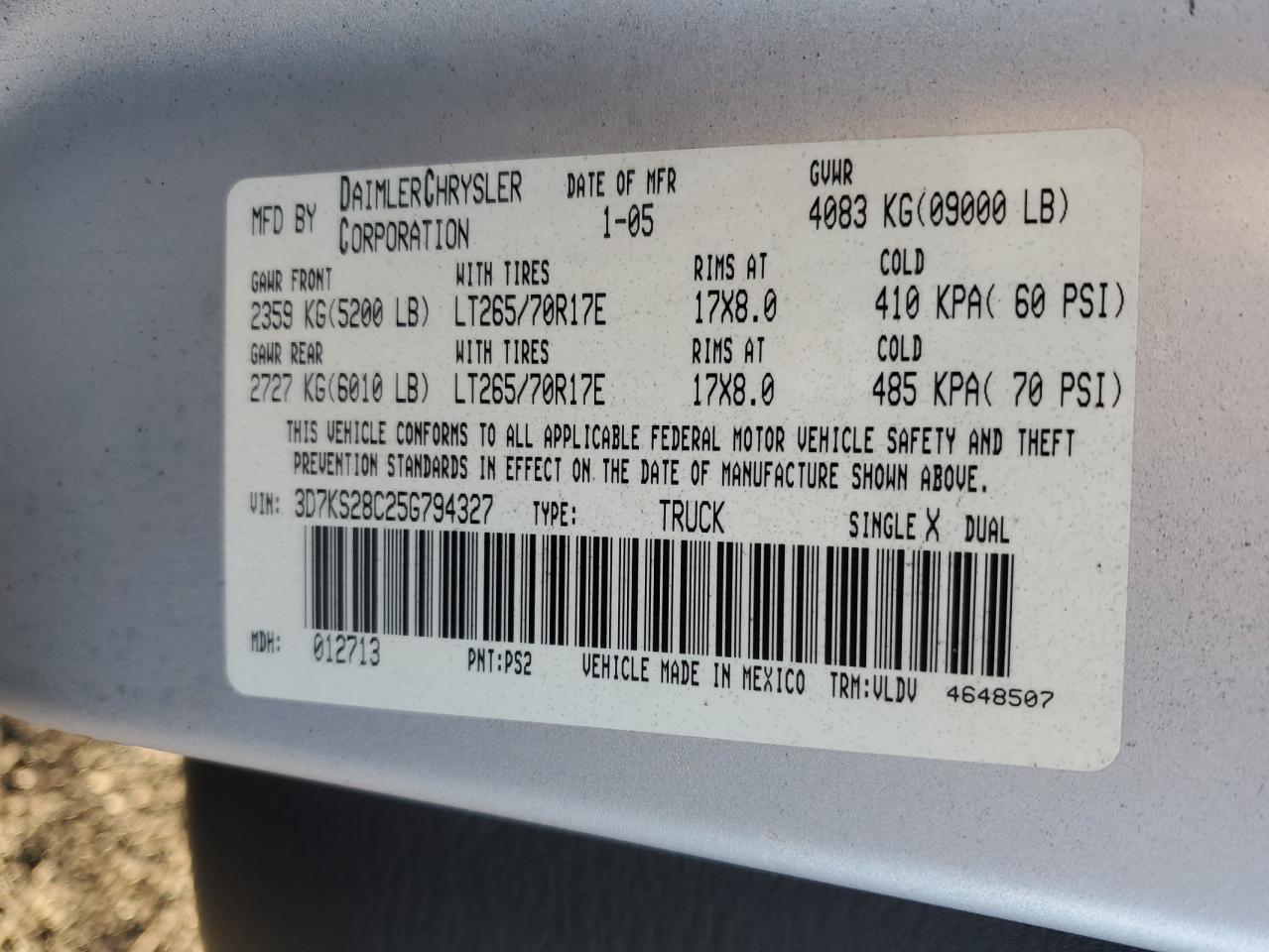 2005 Dodge RAM VIN 3D7KS28C25G794327 Copart auction photo, front end / side damage thumbnail 14