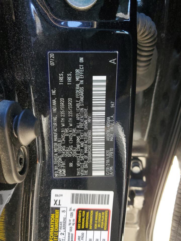 2020 Toyota Highlander VIN 5TDXBRCHXLS008980 Copart auction photo, rear end damage thumbnail 14
