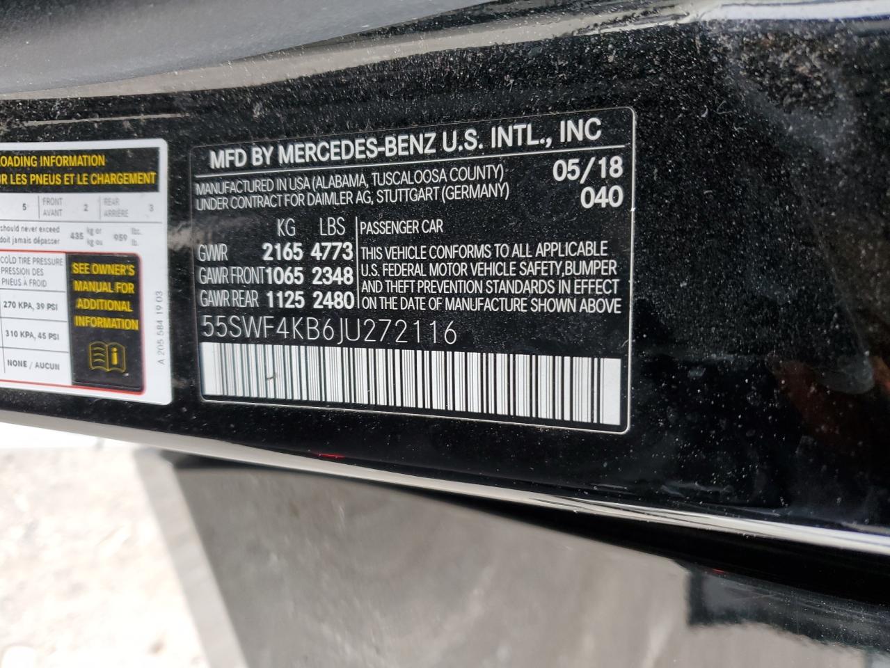 2018 Mercedes-Benz C-klasse VIN 55SWF4KB6JU272116 Copart auction photo, front end / side damage thumbnail 14
