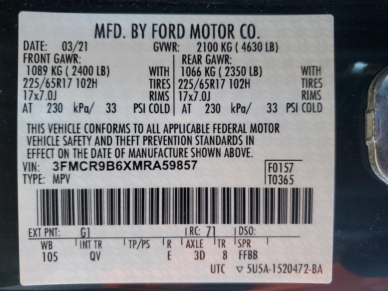 2021 Ford Bronco VIN 3FMCR9B6XMRA59857 Copart auction photo, front end / side damage thumbnail 14