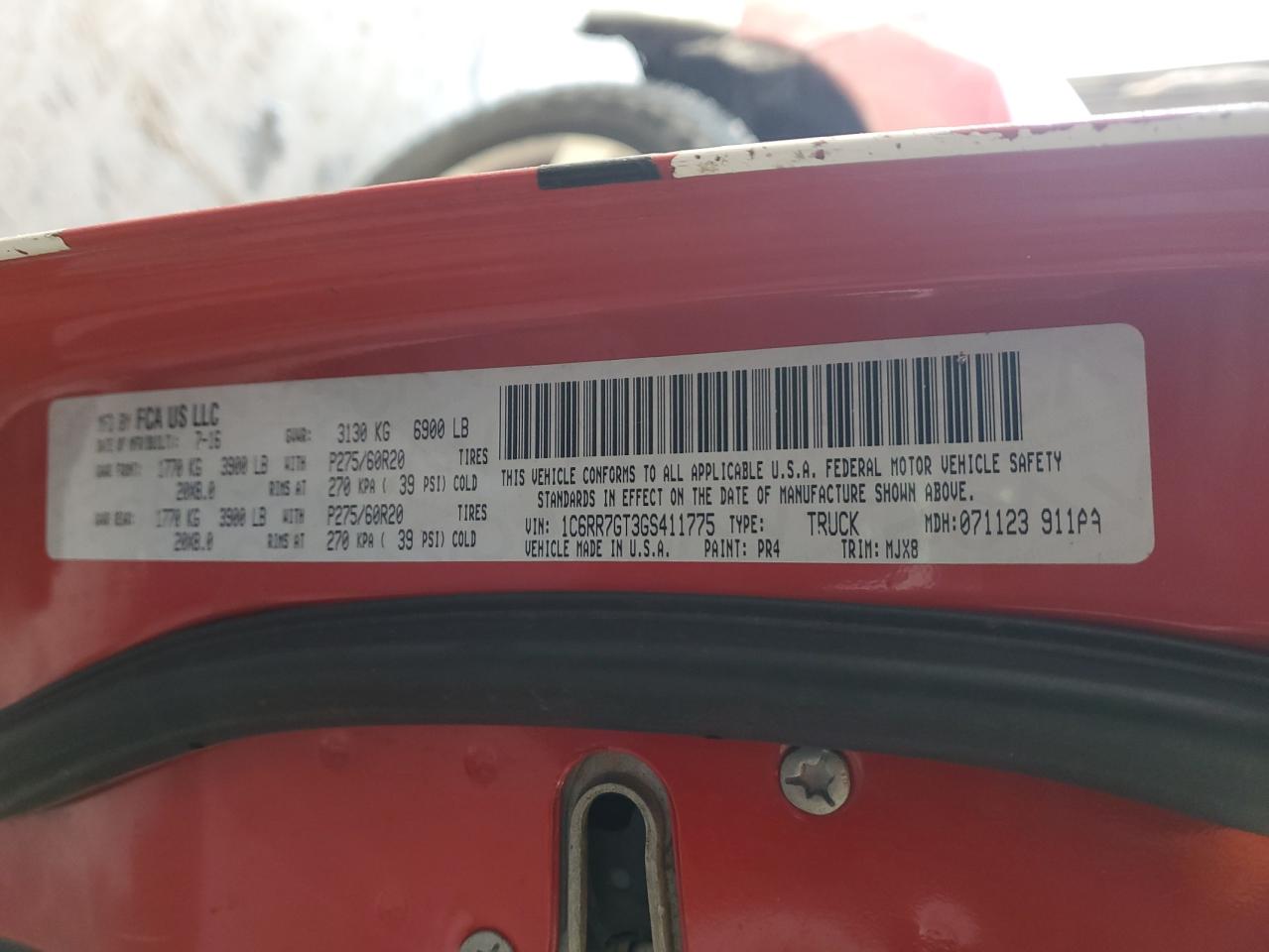 2016 RAM 1500 VIN 1C6RR7GT3GS411775 Copart auction photo, front end / rear end damage thumbnail 14