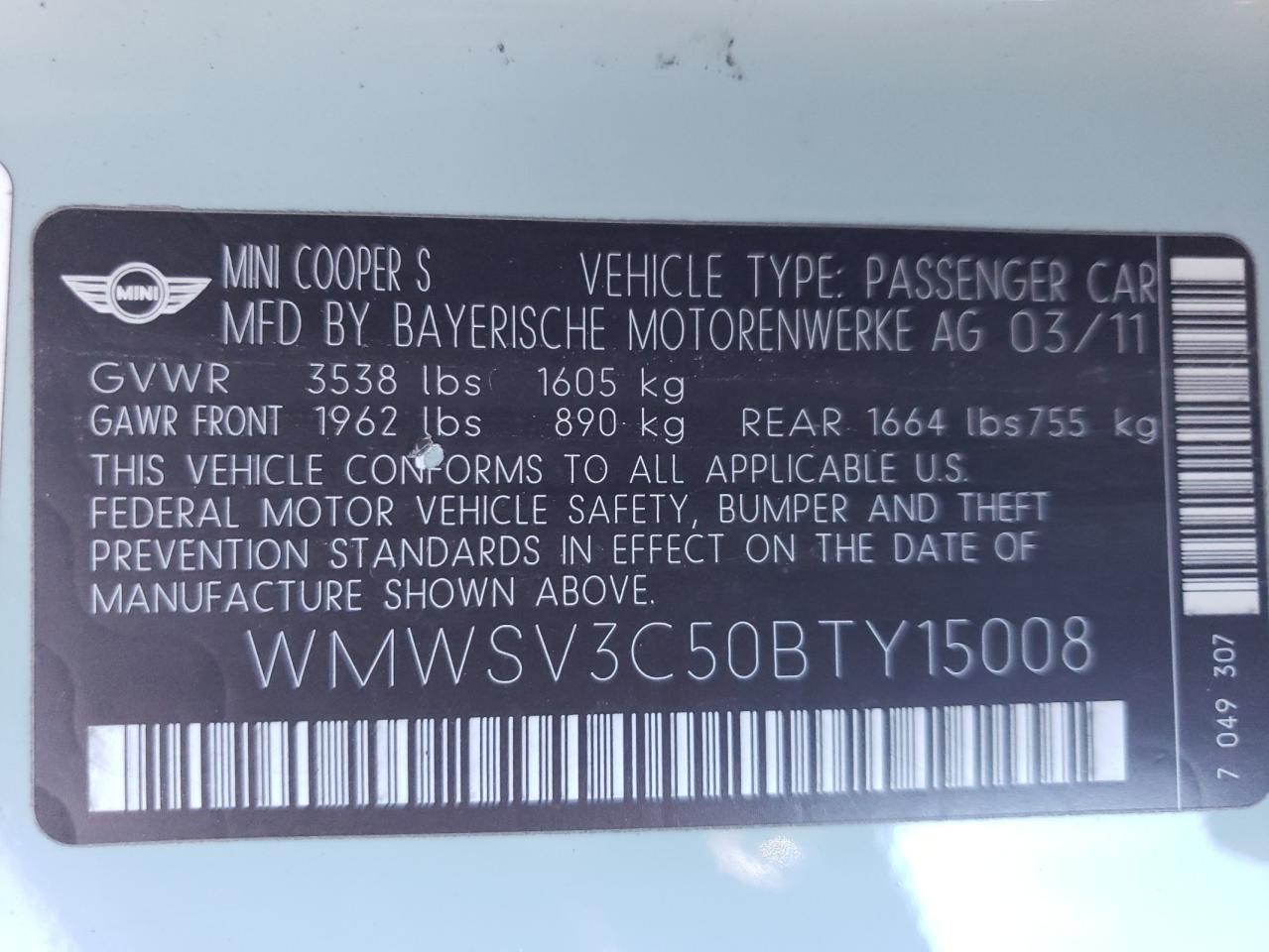 2011 MINI Cooper VIN WMWSV3C50BTY15008 Copart auction photo, front end / hail damage thumbnail 13