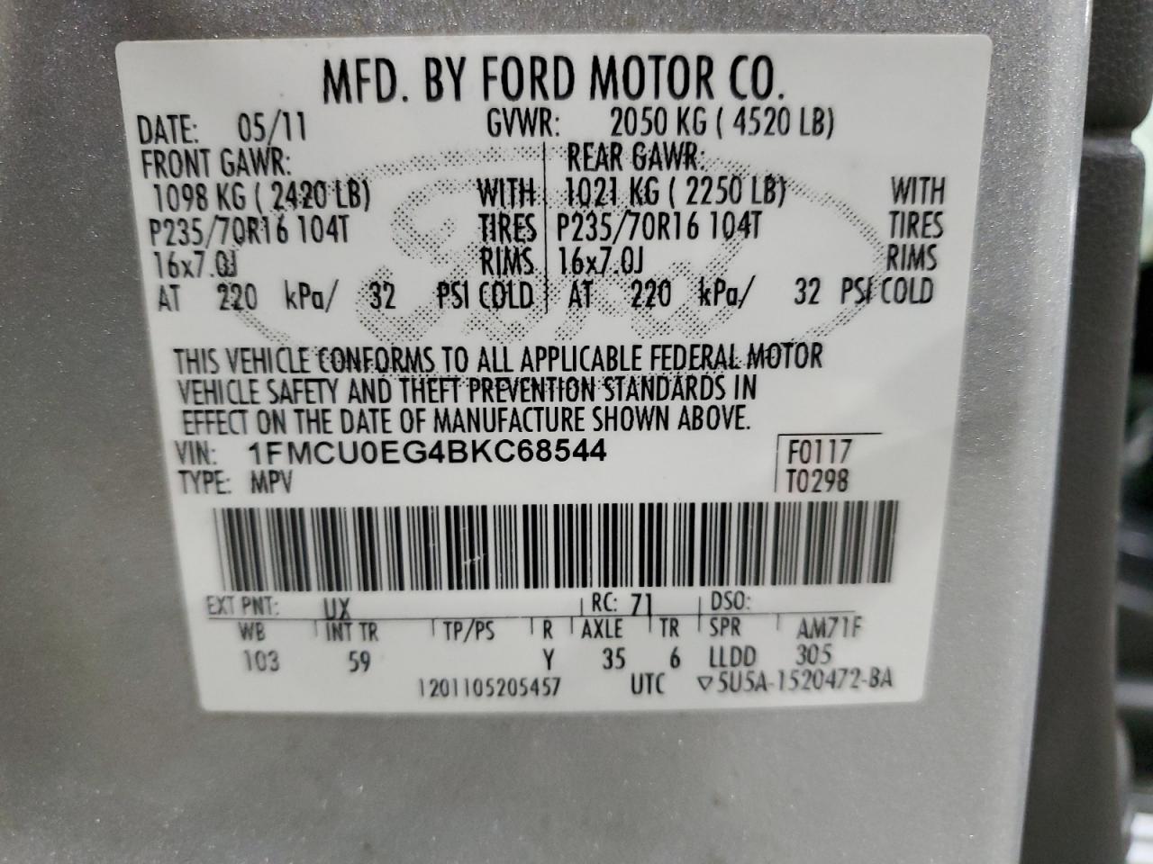 2011 Ford Escape VIN 1FMCU0EG4BKC68544 Copart auction photo, front end / minor dent/scratches damage thumbnail 15