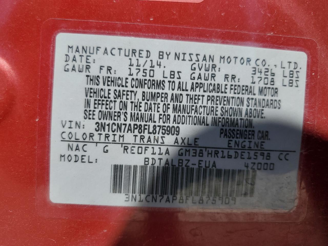 2015 Nissan Versa VIN 3N1CN7AP8FL875909 Copart auction photo, front end / side damage thumbnail 12