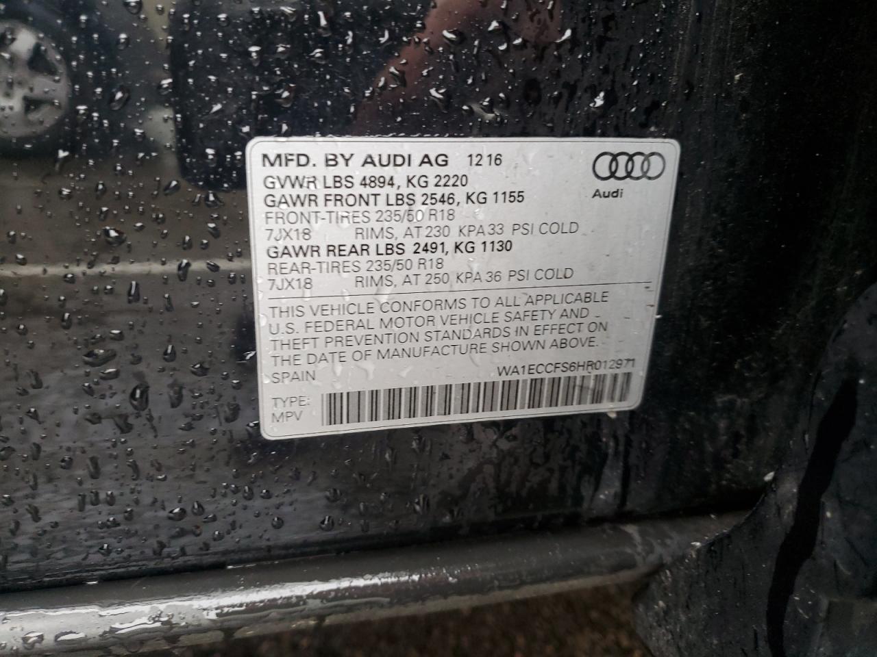 2017 Audi Q3 VIN WA1ECCFS6HR012971 Copart auction photo, rear end / mechanical damage thumbnail 13