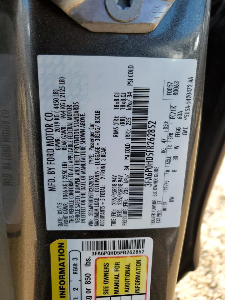 2015 Ford Fusion VIN 3FA6P0HD5FR262852 Copart auction photo, front end / undercarriage damage thumbnail 14