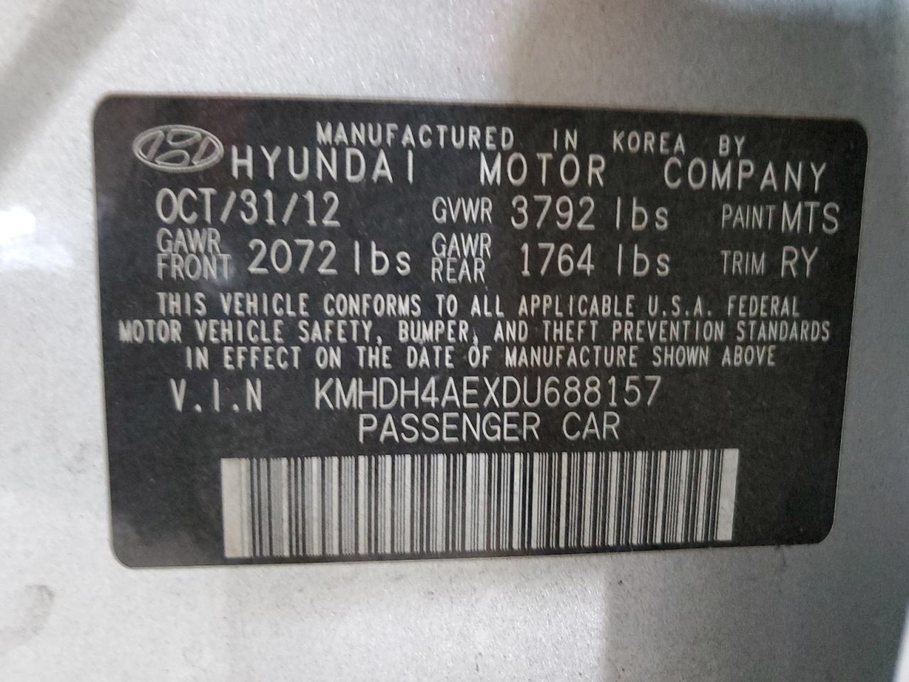 2013 Hyundai Elantra VIN KMHDH4AEXDU688157 Copart auction photo, front end damage thumbnail 12