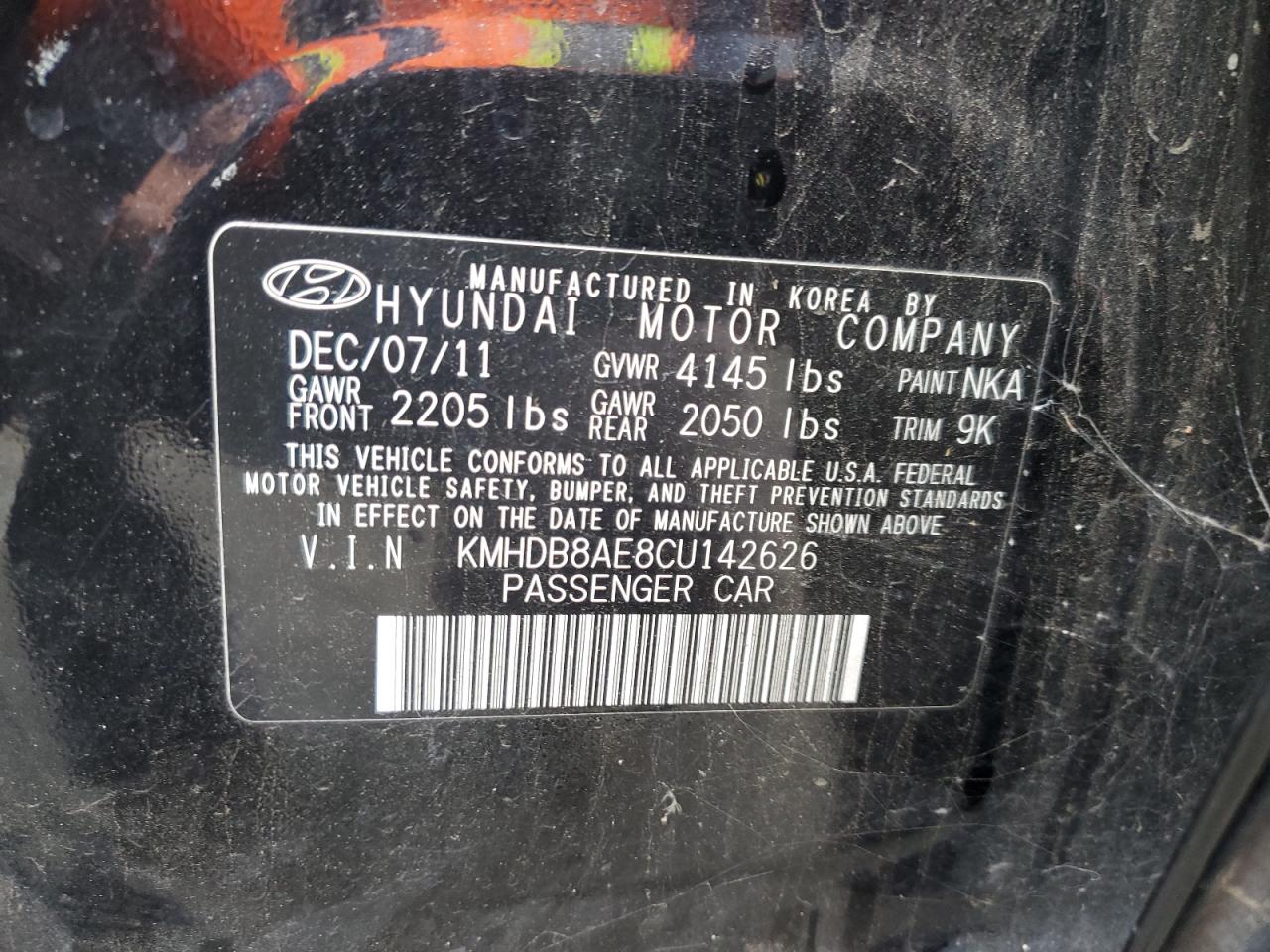 2012 Hyundai Elantra VIN KMHDB8AE8CU142626 Copart auction photo, side damage thumbnail 14