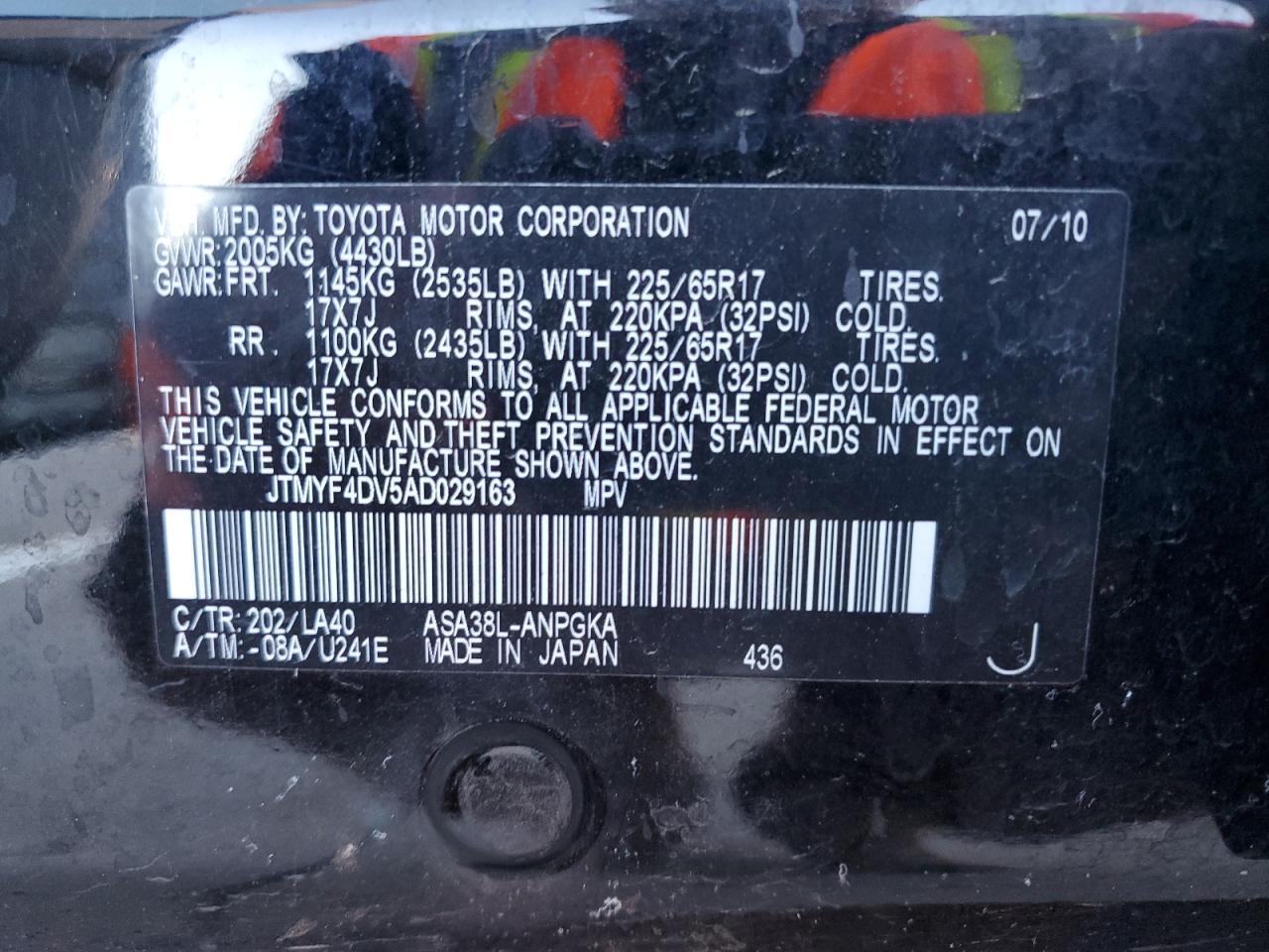 2010 Toyota RAV 4 VIN JTMYF4DV5AD029163 Copart auction photo, rear end / front end damage thumbnail 14