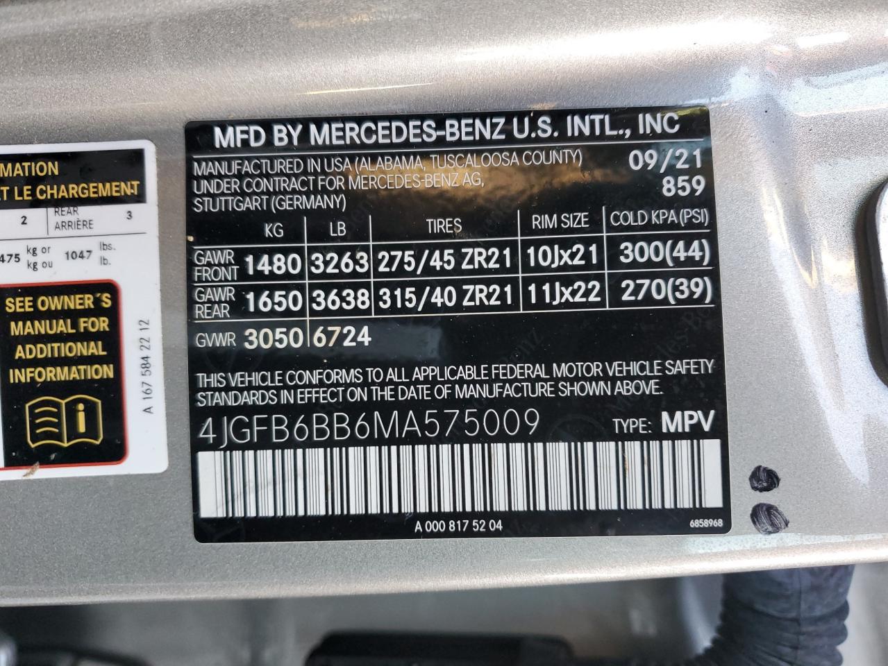 2021 Mercedes-Benz GLE VIN 4JGFB6BB6MA575009 Copart auction photo, front end / undercarriage damage thumbnail 16