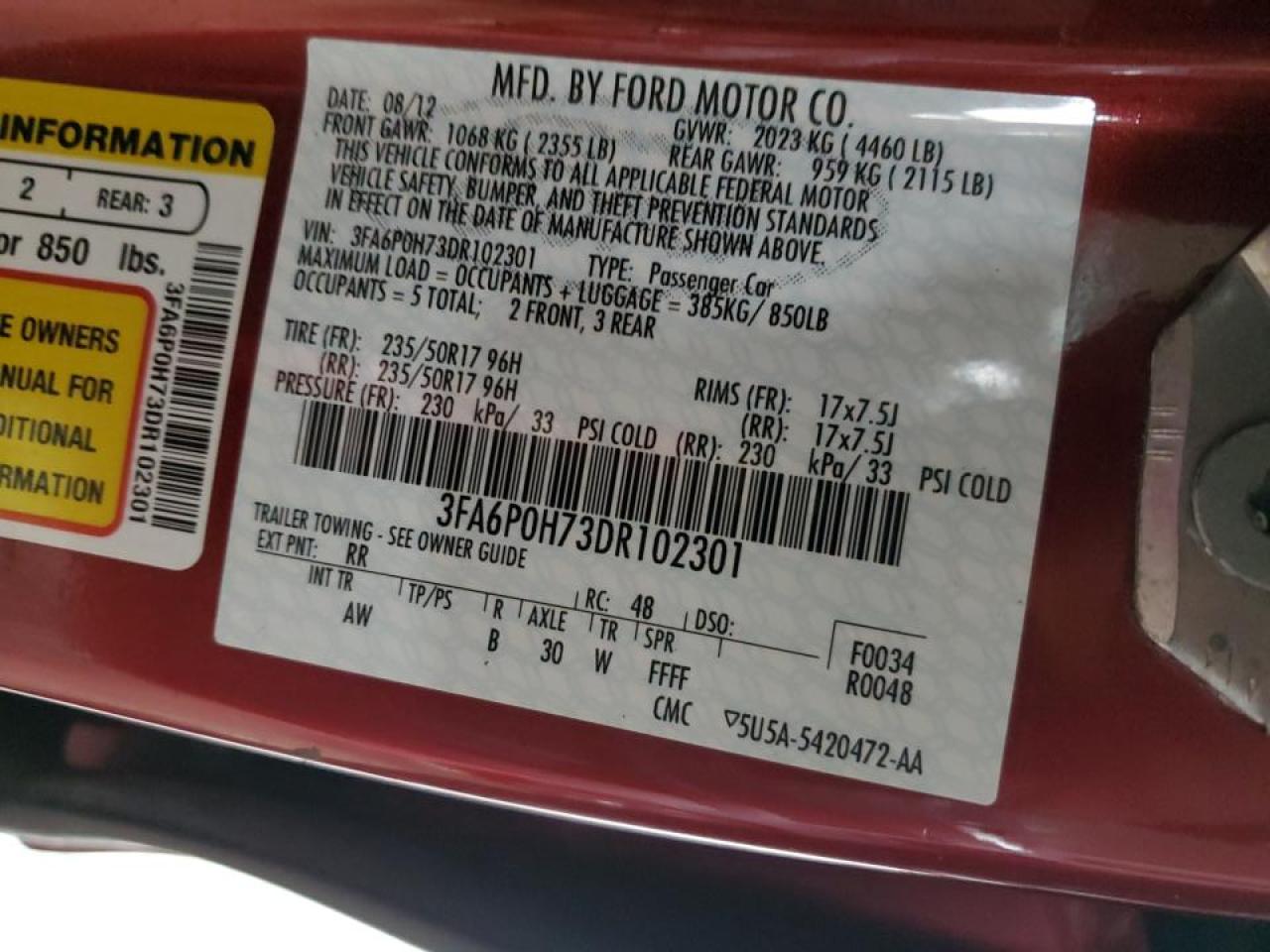 2013 Ford Fusion VIN 3FA6P0H73DR102301 Copart auction photo, front end / minor dent/scratches damage thumbnail 12