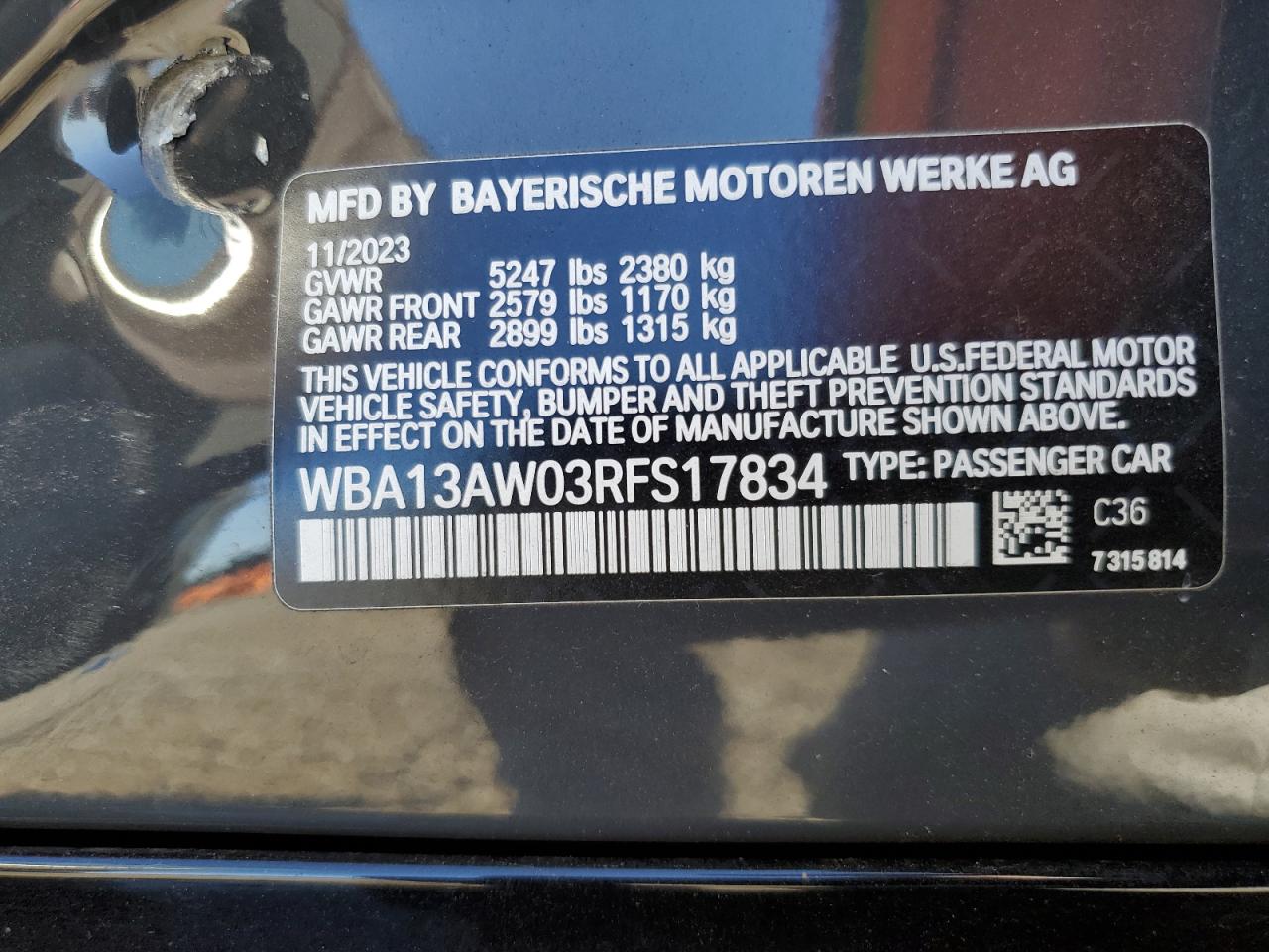 2024 BMW 4er VIN WBA13AW03RFS17834 Copart auction photo, side / front end damage thumbnail 15