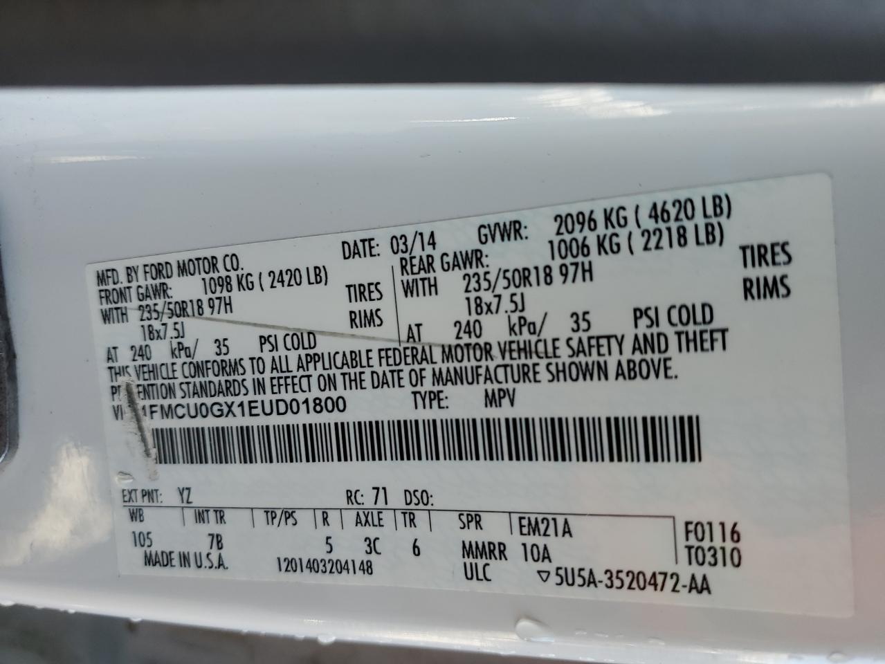 2014 Ford Escape VIN 1FMCU0GX1EUD01800 Copart auction photo, hail damage thumbnail 13