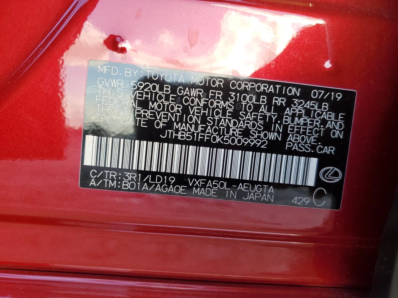 2019 Lexus LS VIN JTHB51FF0K5009992 Copart auction photo, front end / rear end damage thumbnail 15