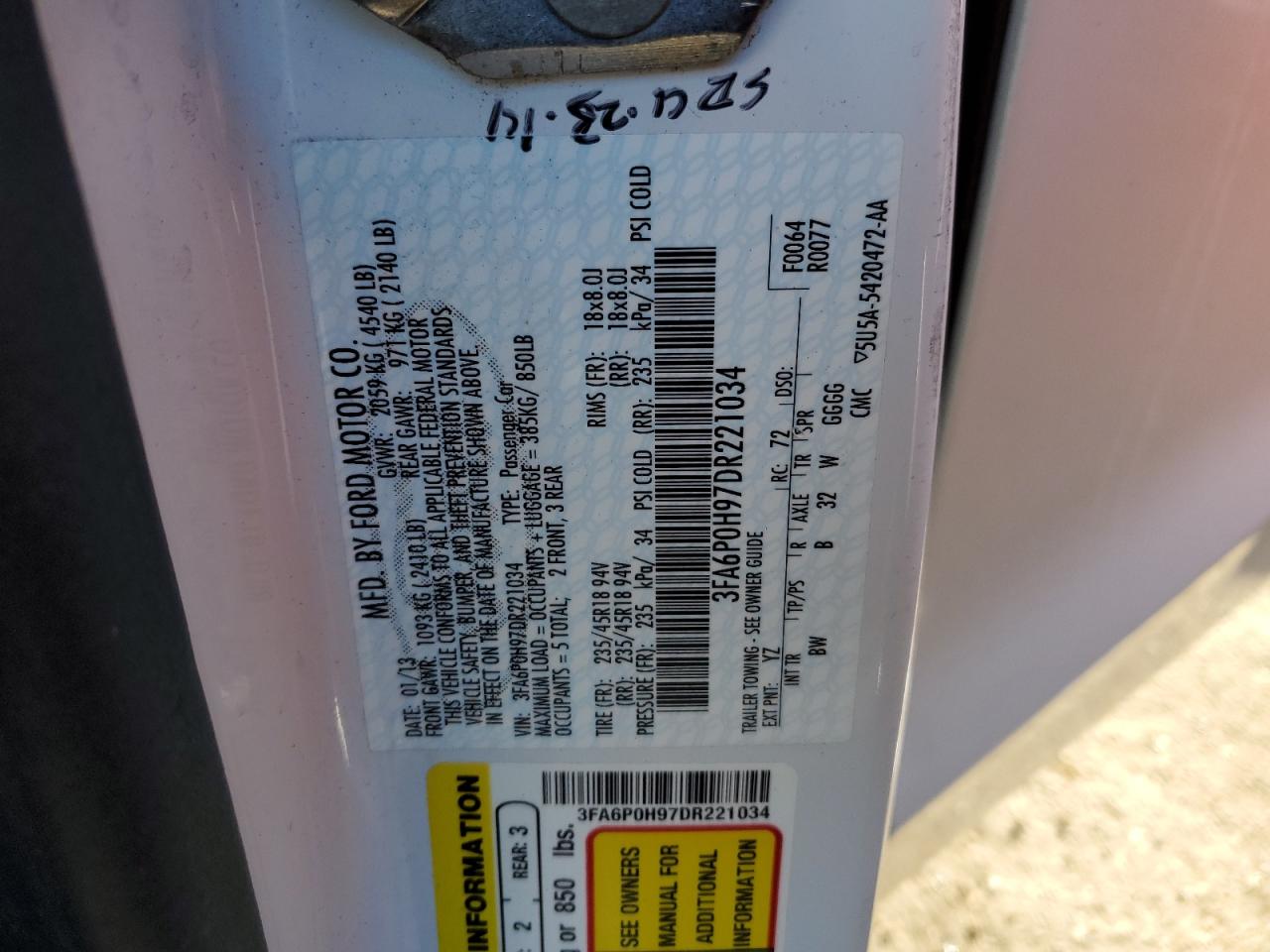 2013 Ford Fusion VIN 3FA6P0H97DR221034 Copart auction photo, front end damage thumbnail 14
