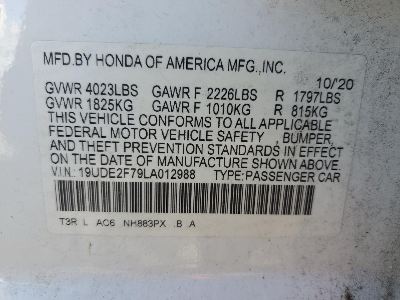 2020 Acura ILX VIN 19UDE2F79LA012988 Copart auction photo, all over damage thumbnail 15