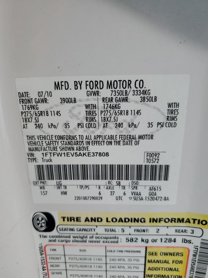 2010 Ford F-150 VIN 1FTFW1EV5AKE37808 Copart auction photo, front end damage thumbnail 12