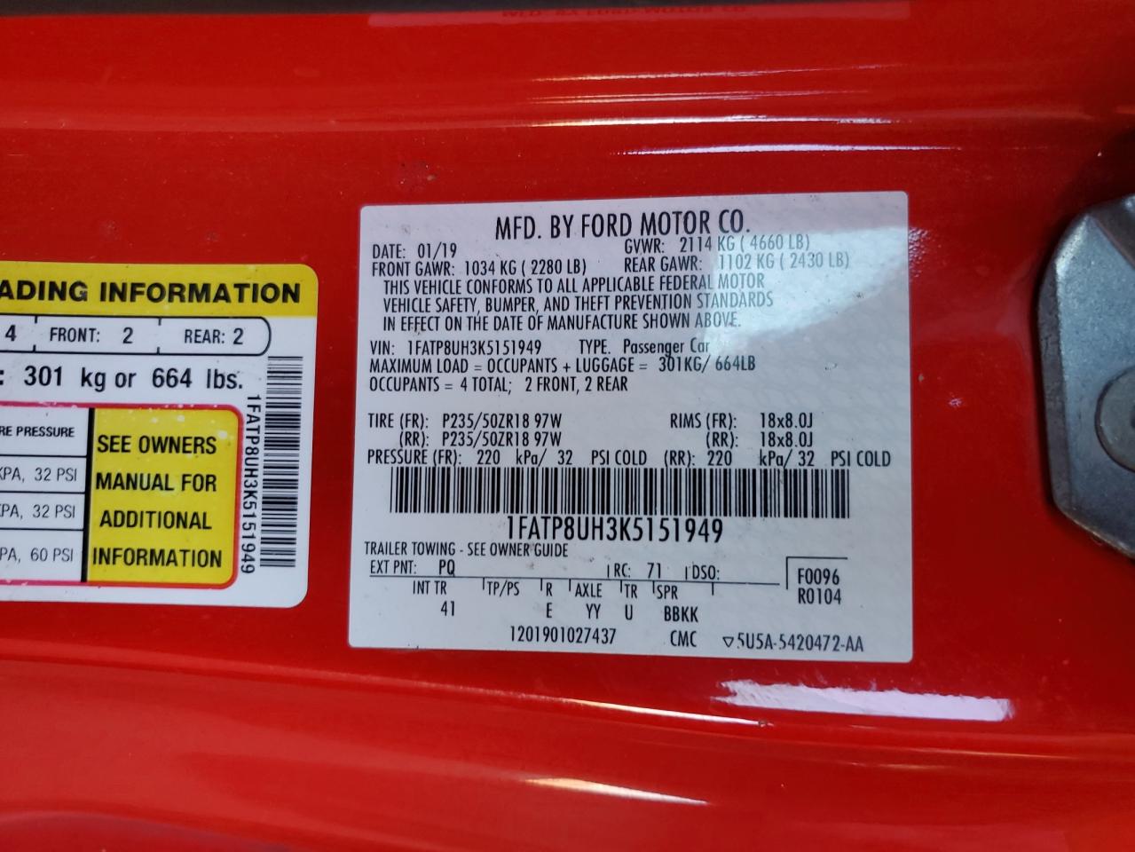 2019 Ford Mustang VIN 1FATP8UH3K5151949 Copart auction photo, front end damage thumbnail 13