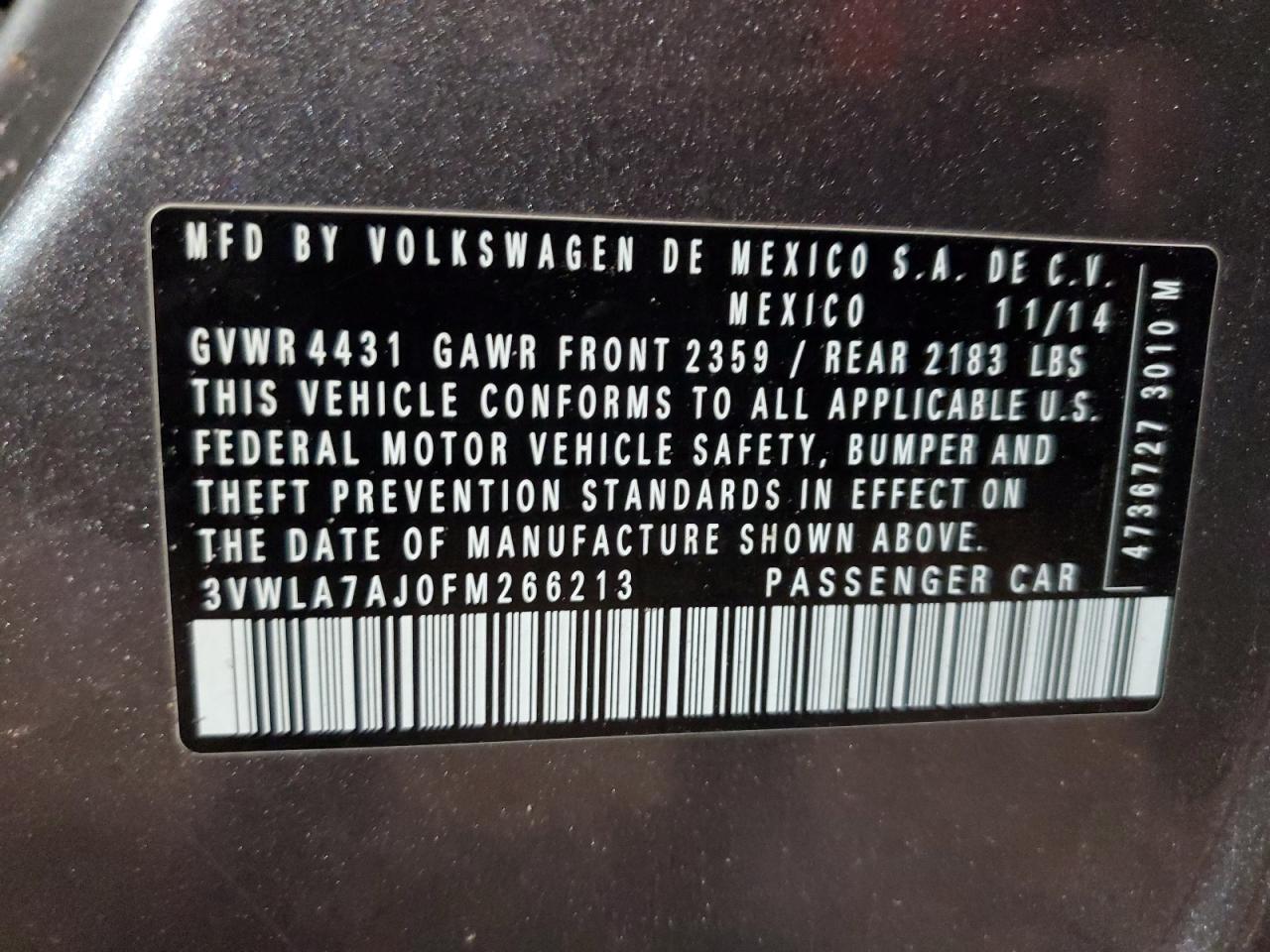 2015 Volkswagen Jetta VIN 3VWLA7AJ0FM266213 Copart auction photo, rear end / minor dent/scratches damage thumbnail 14