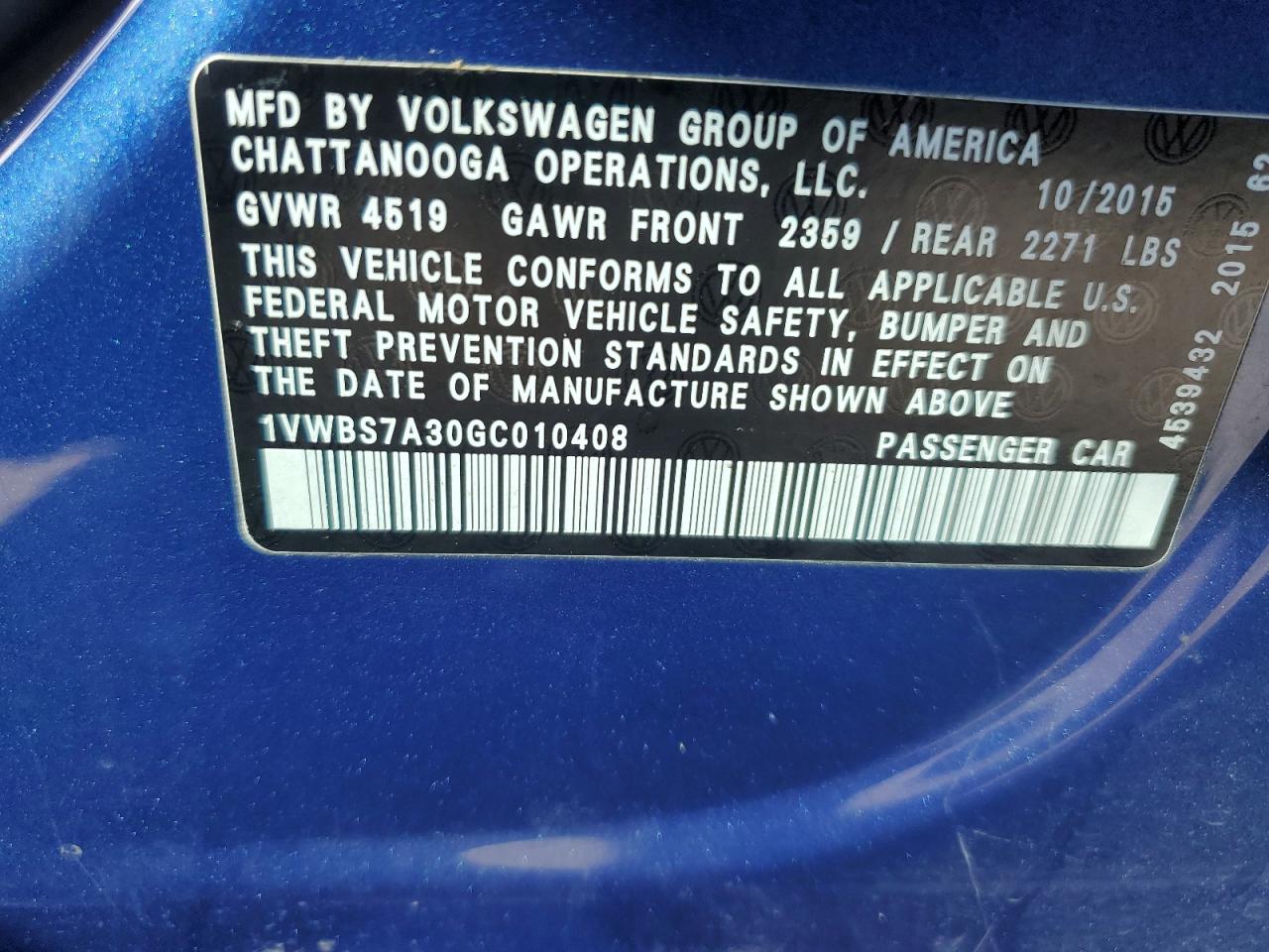 2016 Volkswagen Passat VIN 1VWBS7A30GC010408 Copart auction photo, mechanical damage thumbnail 13