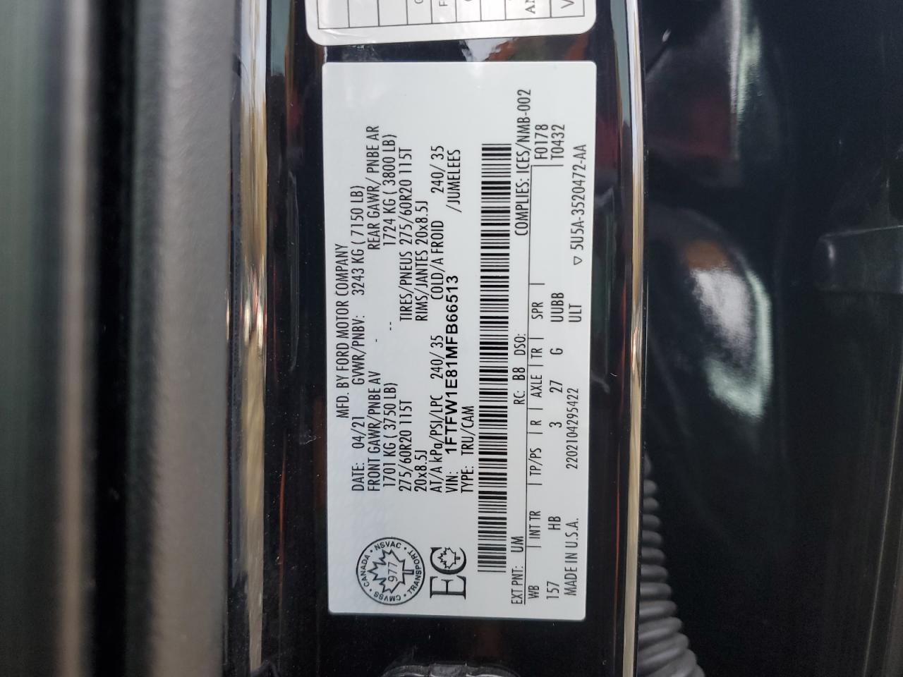 2021 Ford F-150 VIN 1FTFW1E81MFB66513 Copart auction photo, front end / side damage thumbnail 12