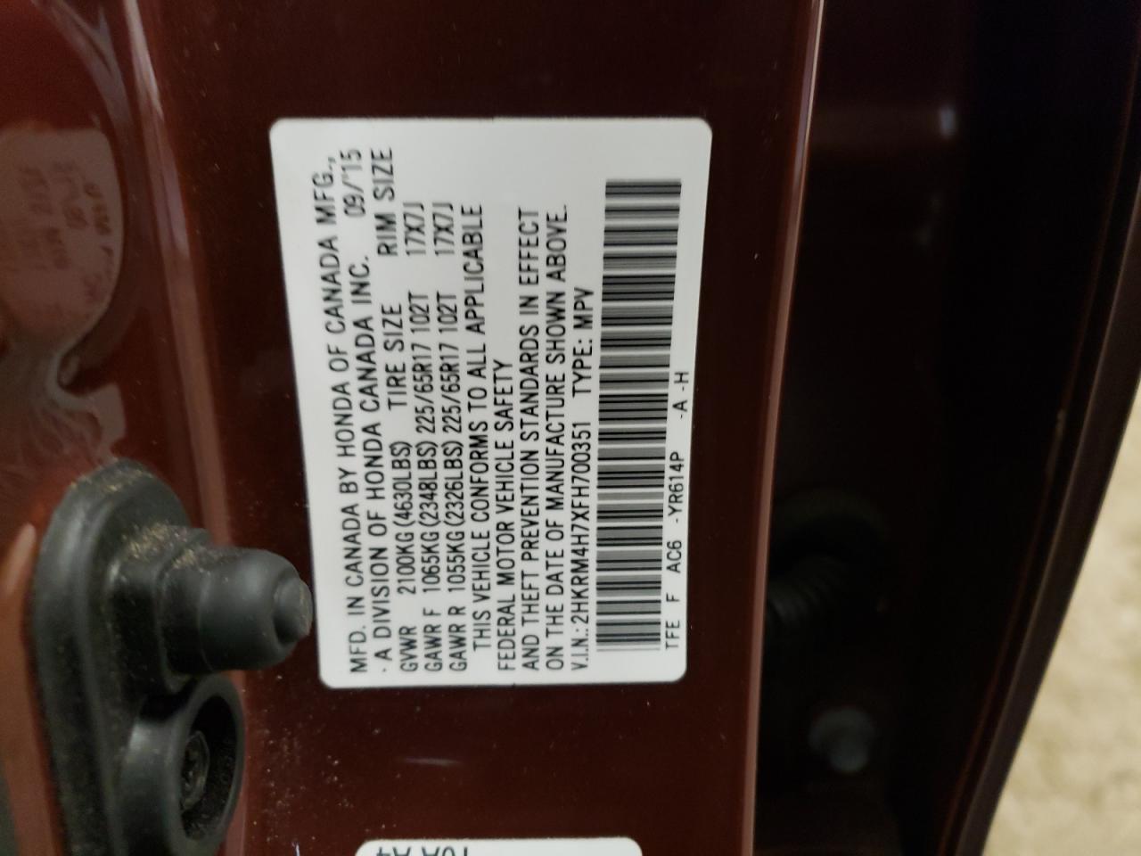 2015 Honda CR-V VIN 2HKRM4H7XFH700351 Copart auction photo, front end damage thumbnail 13