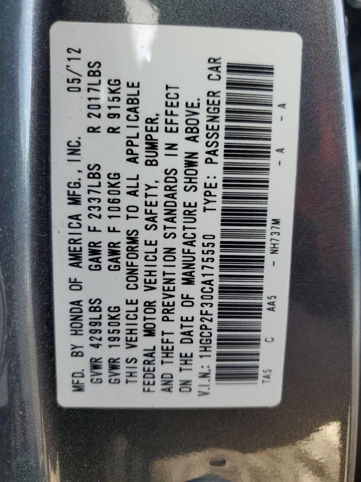 2012 Honda Accord VIN 1HGCP2F30CA175550 Copart auction photo, front end / side damage thumbnail 14