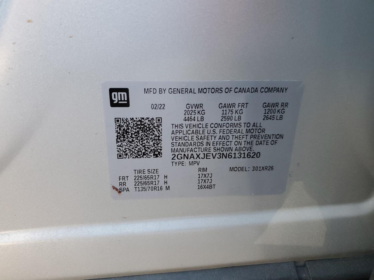 2022 Chevrolet Equinox VIN 2GNAXJEV3N6131620 Copart auction photo, front end damage thumbnail 13