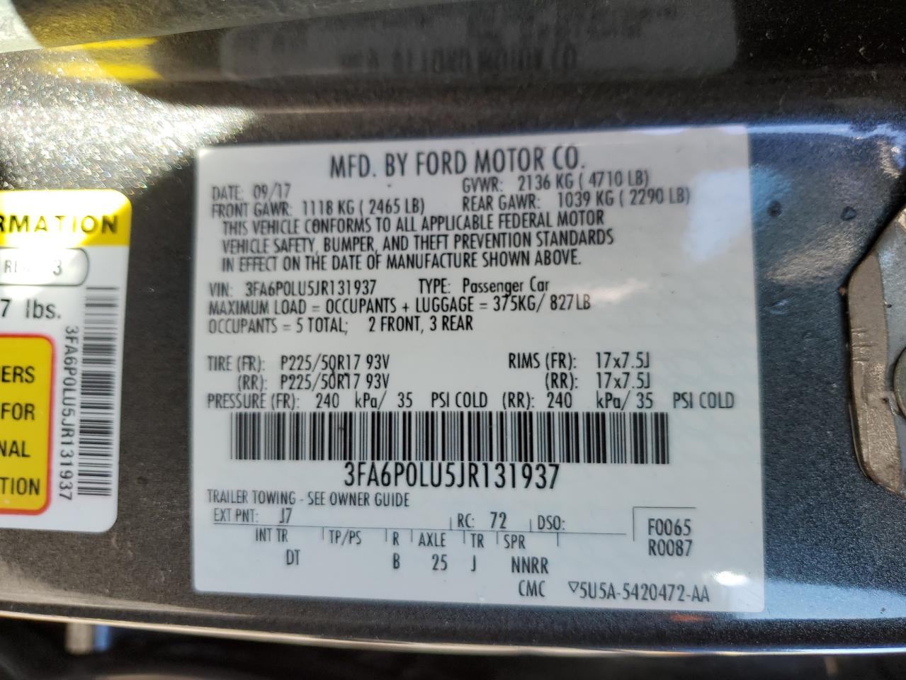 2018 Ford Fusion VIN 3FA6P0LU5JR131937 Copart auction photo, top/roof / front end damage thumbnail 14