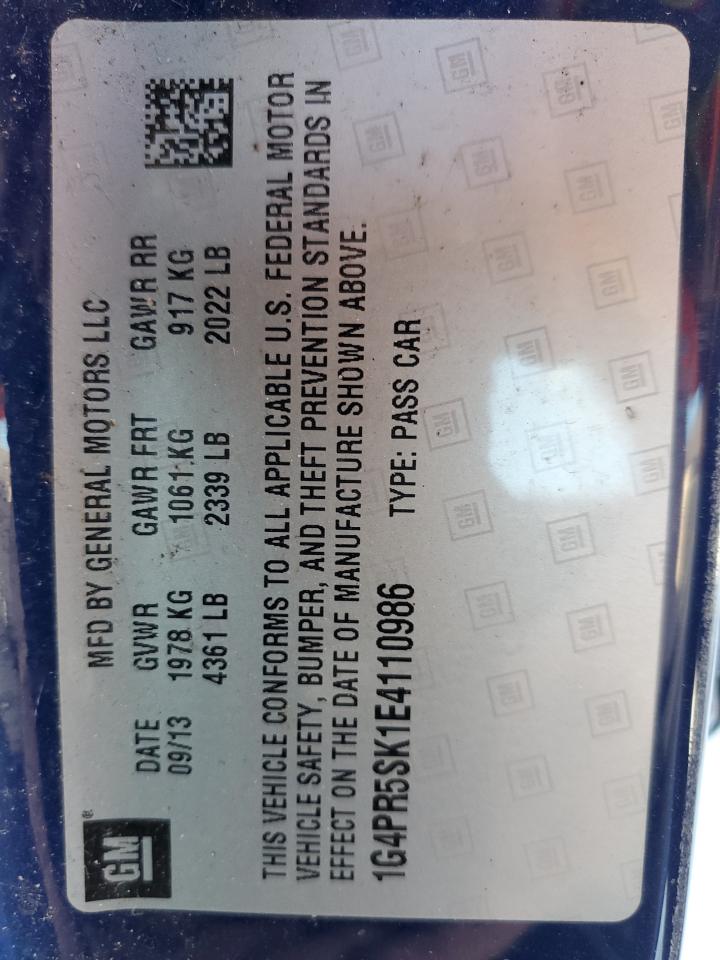 2014 Buick Verano VIN 1G4PR5SK1E4110986 Copart auction photo, front end / side damage thumbnail 13