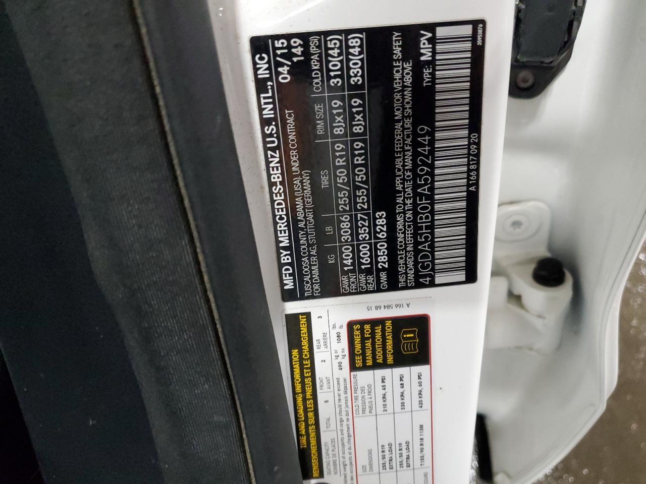 2015 Mercedes-Benz M-klasse VIN 4JGDA5HB0FA592449 Copart auction photo, all over damage thumbnail 14