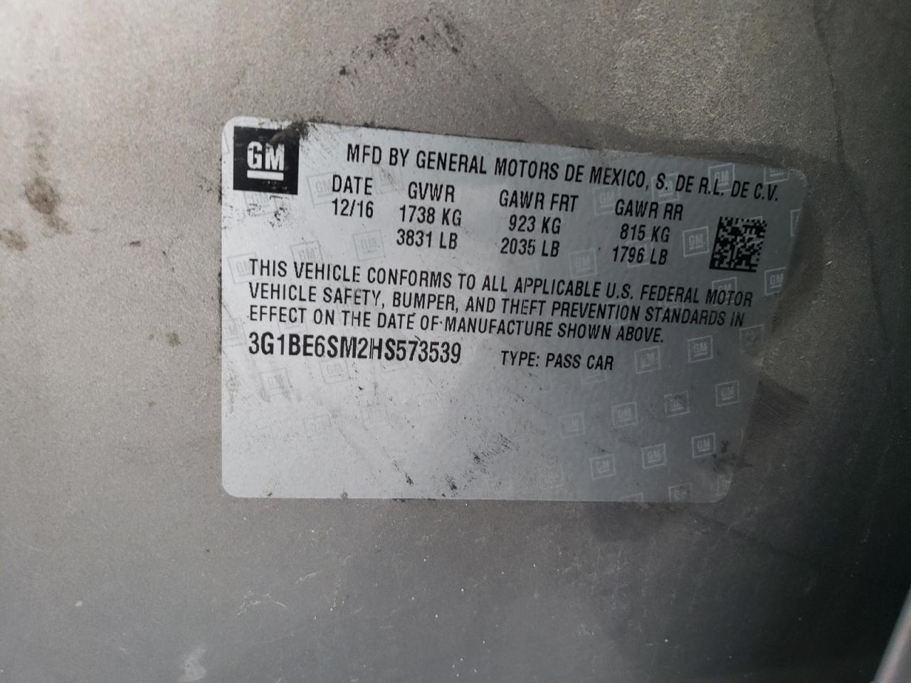 2017 Chevrolet Cruze VIN 3G1BE6SM2HS573539 Copart auction photo, rear end damage thumbnail 13