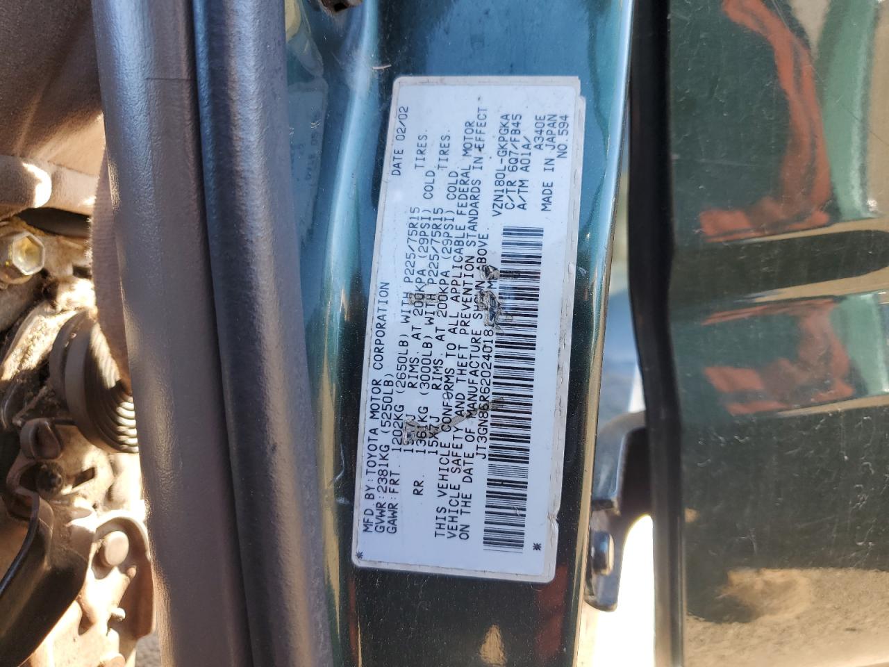 2002 Toyota 4Runner VIN JT3GN86R620240181 Copart auction photo, front end / minor dent/scratches damage thumbnail 13