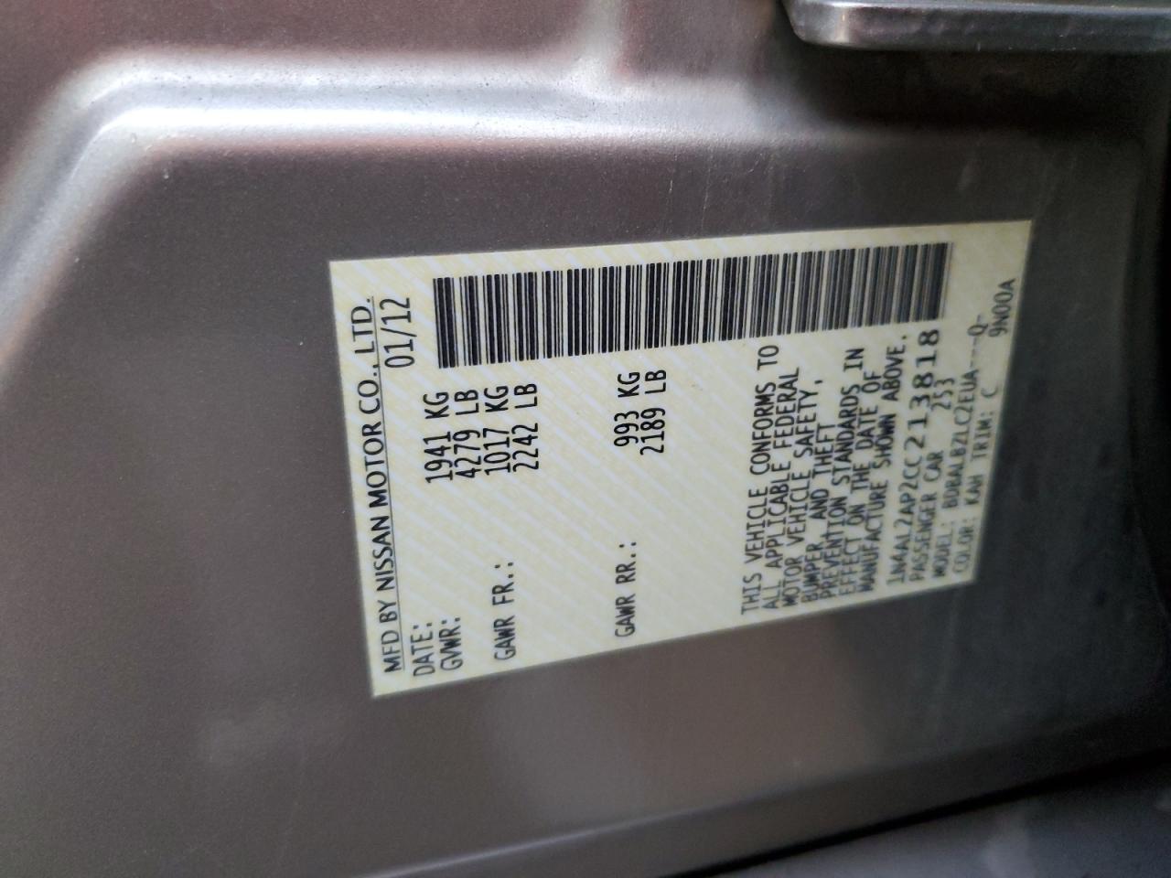 2012 Nissan Altima VIN 1N4AL2AP2CC213818 Copart auction photo, rear end damage thumbnail 14