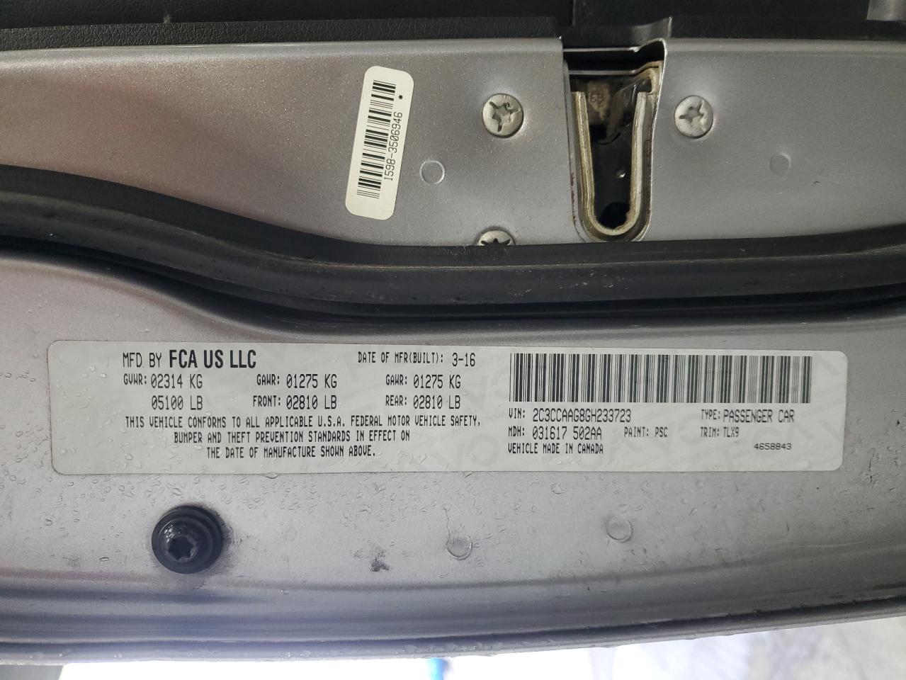 2016 Chrysler 300 VIN 2C3CCAAG8GH233723 Copart auction photo, mechanical / front end damage thumbnail 12