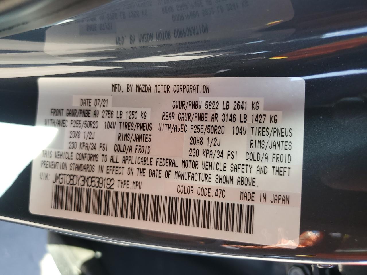 2021 Mazda CX-9 VIN JM3TCBDY3M0539192 Copart auction photo, front end damage thumbnail 13
