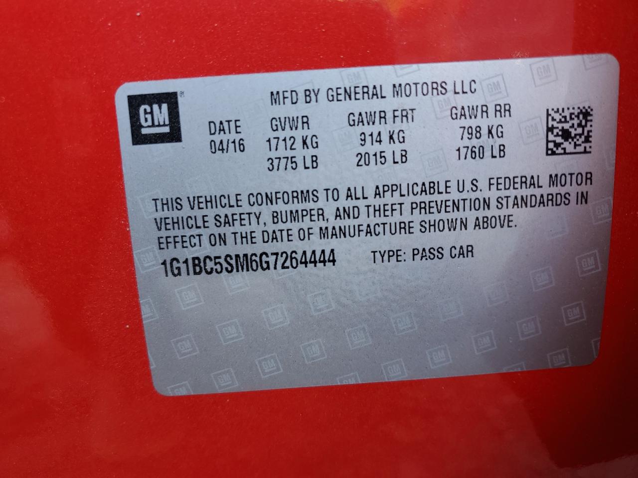 2016 Chevrolet Cruze VIN 1G1BC5SM6G7264444 Copart auction photo, side damage thumbnail 12