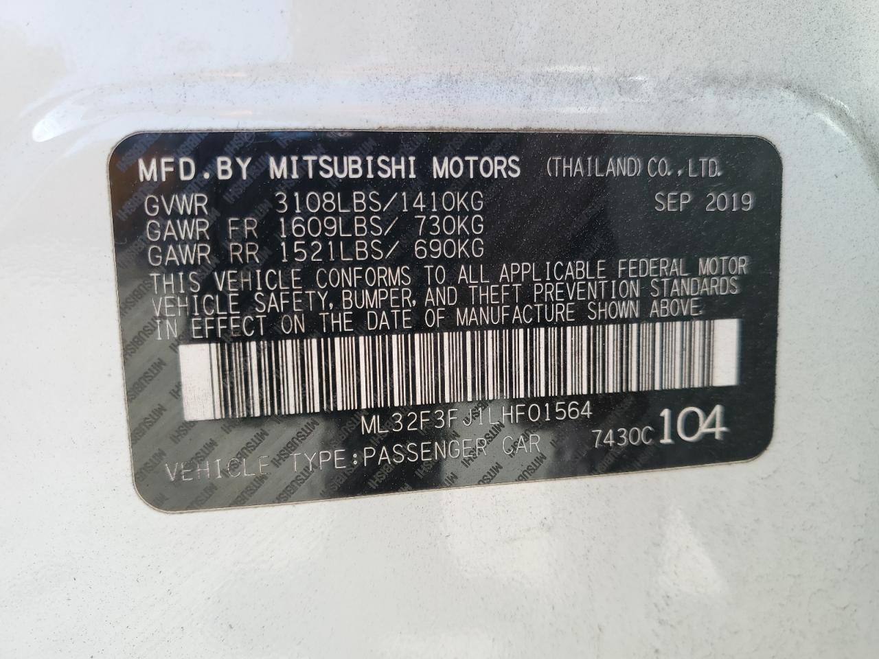 2020 Mitsubishi Mirage VIN ML32F3FJ1LHF01564 Copart auction photo, all over damage thumbnail 15
