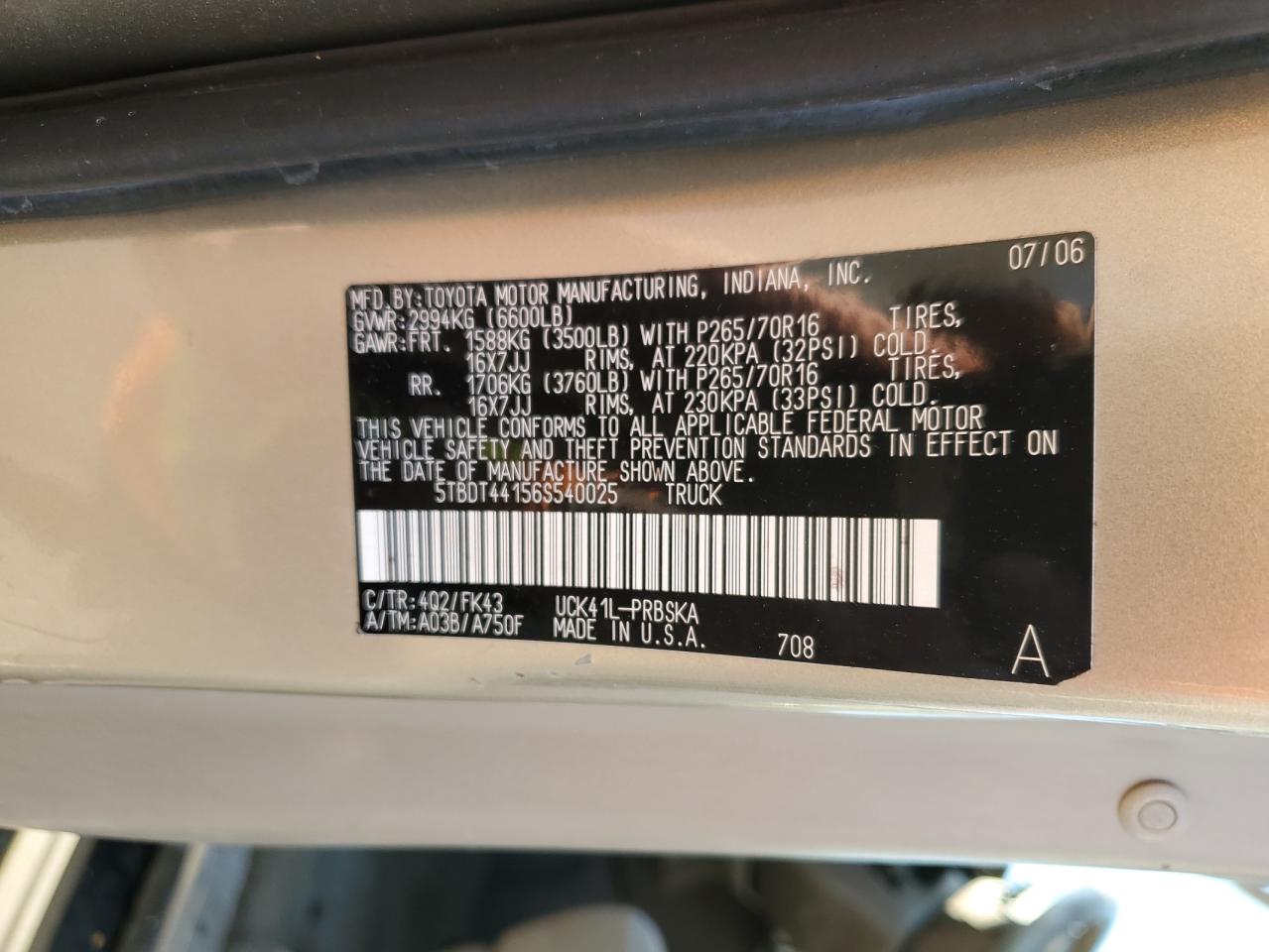 2006 Toyota Tundra VIN 5TBDT44156S540025 Copart auction photo, front end / side damage thumbnail 12