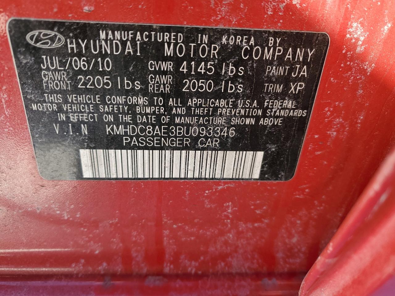 2011 Hyundai Elantra VIN KMHDC8AE3BU093346 Copart auction photo, rear end / side damage thumbnail 12