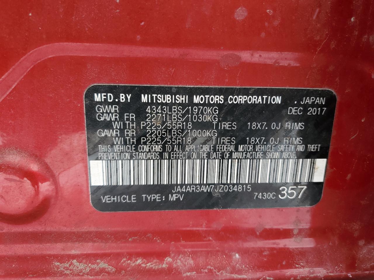 2018 Mitsubishi Outlander VIN JA4AR3AW7JZ034815 Copart auction photo, all over damage thumbnail 14