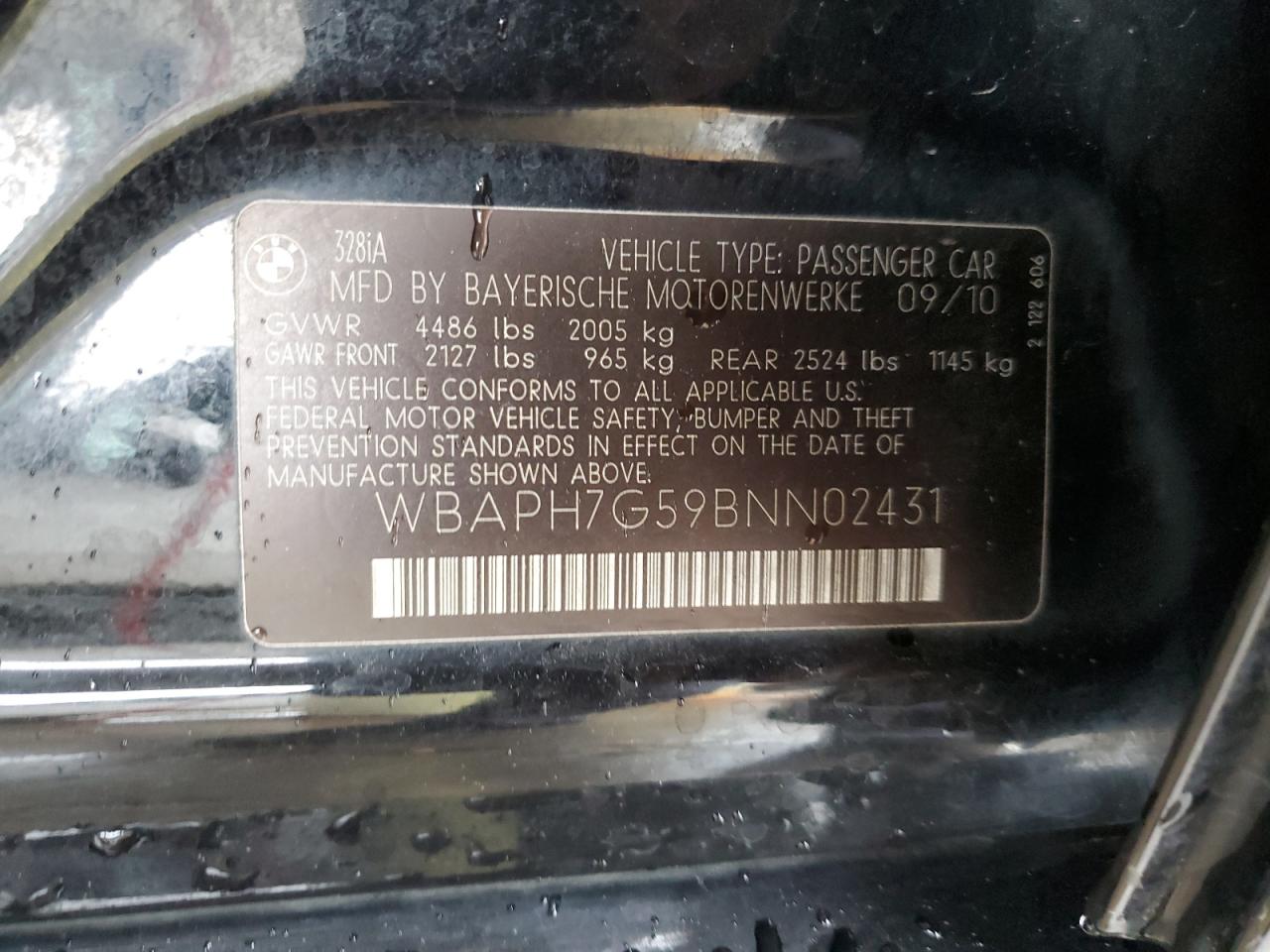 2011 BMW 3er VIN WBAPH7G59BNN02431 Copart auction photo, front end damage thumbnail 14