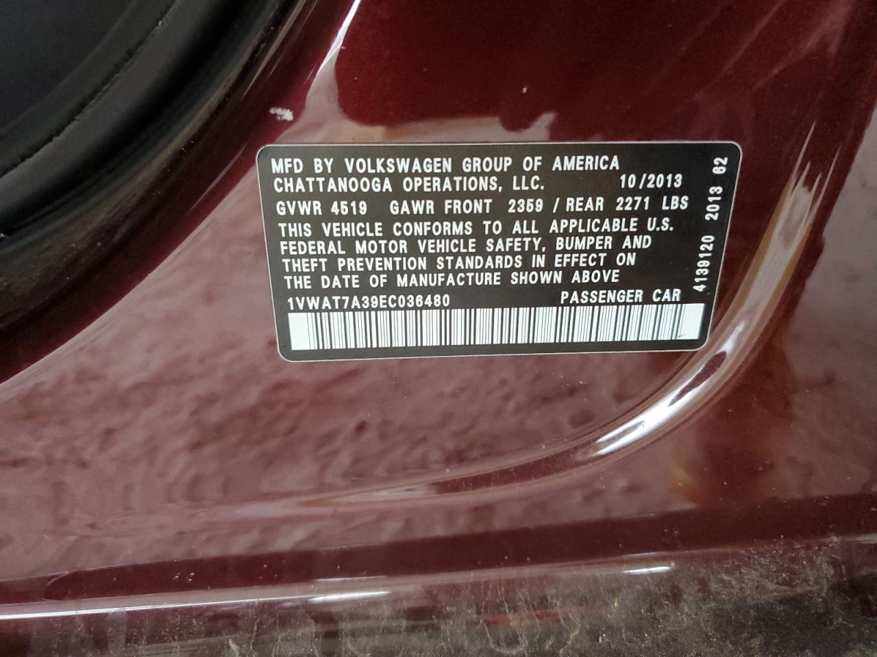 2014 Volkswagen Passat VIN 1VWAT7A39EC036480 Copart auction photo, front end damage thumbnail 15