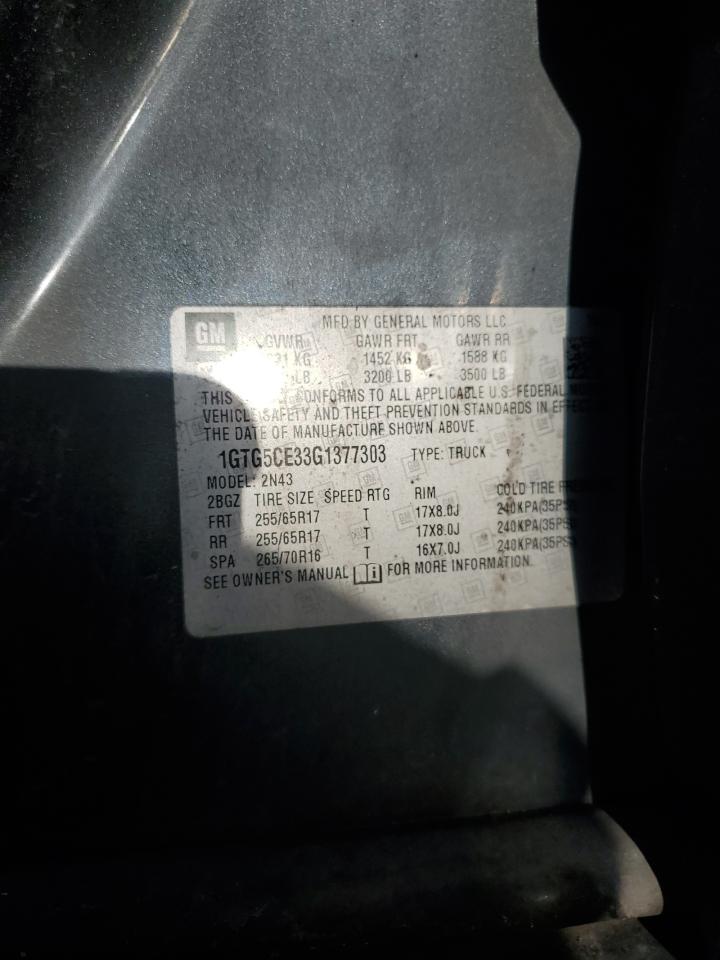 2016 GMC Canyon VIN 1GTG5CE33G1377303 Copart auction photo, rear end / hail damage thumbnail 12