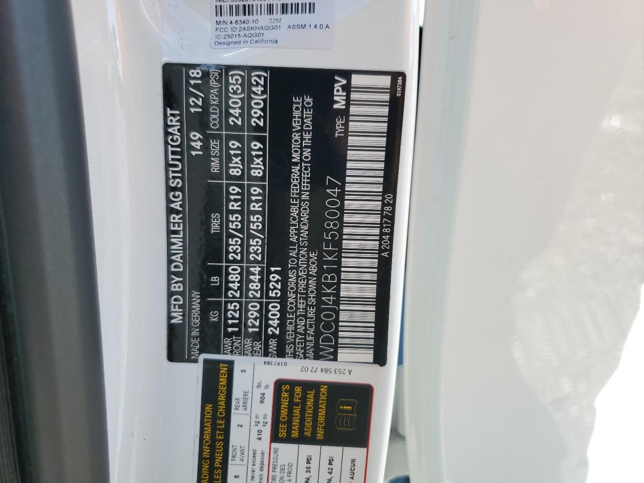 2019 Mercedes-Benz GLC VIN WDC0J4KB1KF580047 Copart auction photo, front end damage thumbnail 14