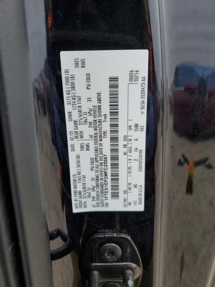 2021 Ford F-150 VIN 1FTEX1EP2MFC25567 Copart auction photo, front end / rear end damage thumbnail 12