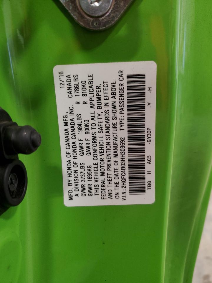 2017 Honda Civic VIN 2HGFC4B03HN303692 Copart auction photo, side / rear end damage thumbnail 12